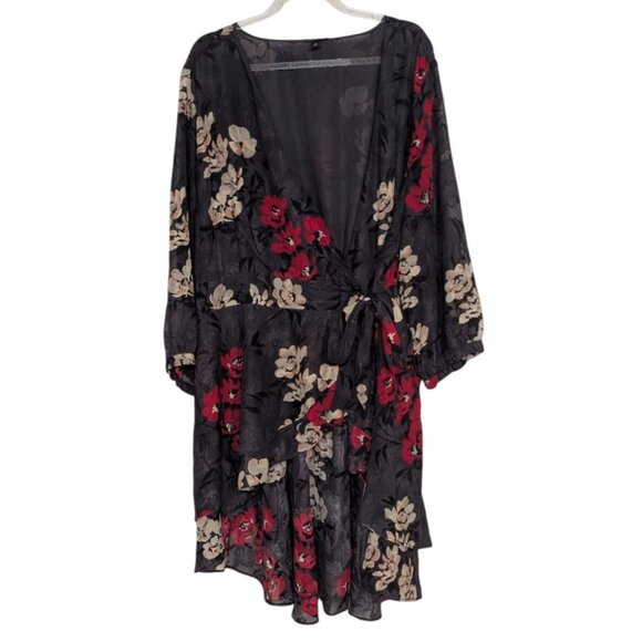 Torrid Hi Low Clip Floral Wrap Blouse Womens Size 2X Dark Slate Gray 3/4 Sleeves - Picture 1 of 13